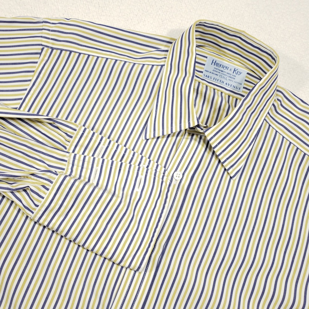 Hilditch & Key Dress Shirt Men 15.5 White Blue Yellow Striped French Cuff Cotton